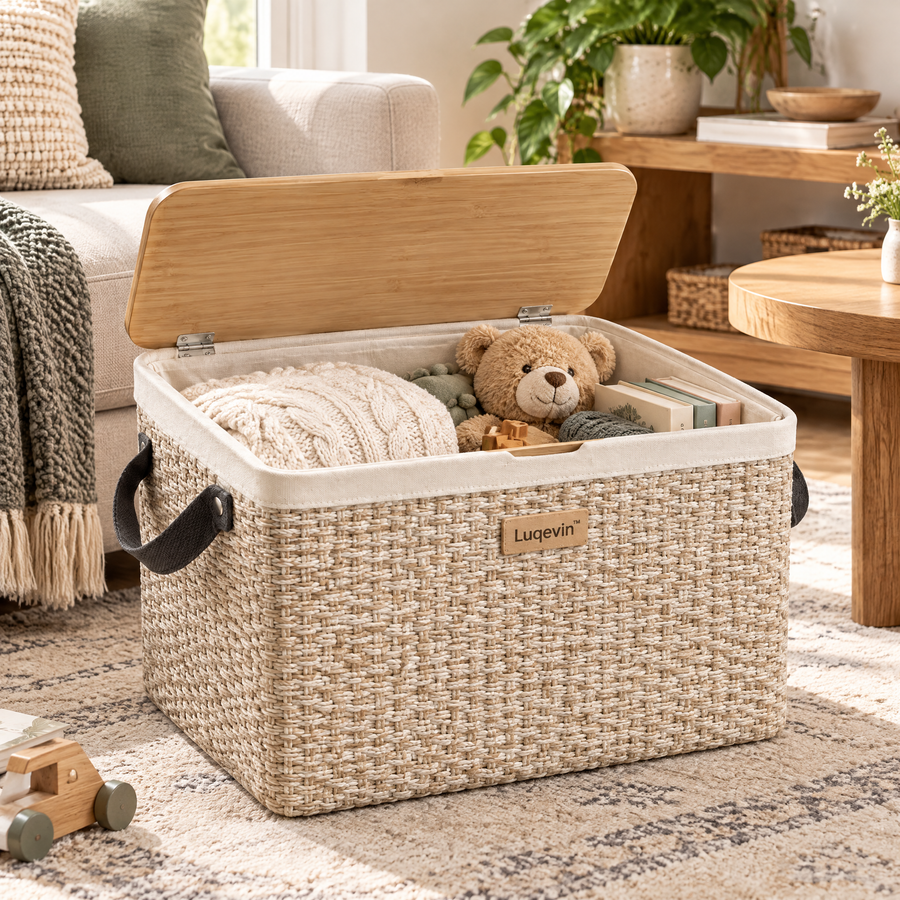 Luqevin™ WovenHide Large-Capacity Lidded Storage Basket product view