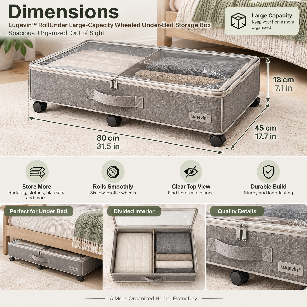 Luqevin™ RollUnder Large-Capacity Wheeled Under-Bed Storage Box image 6
