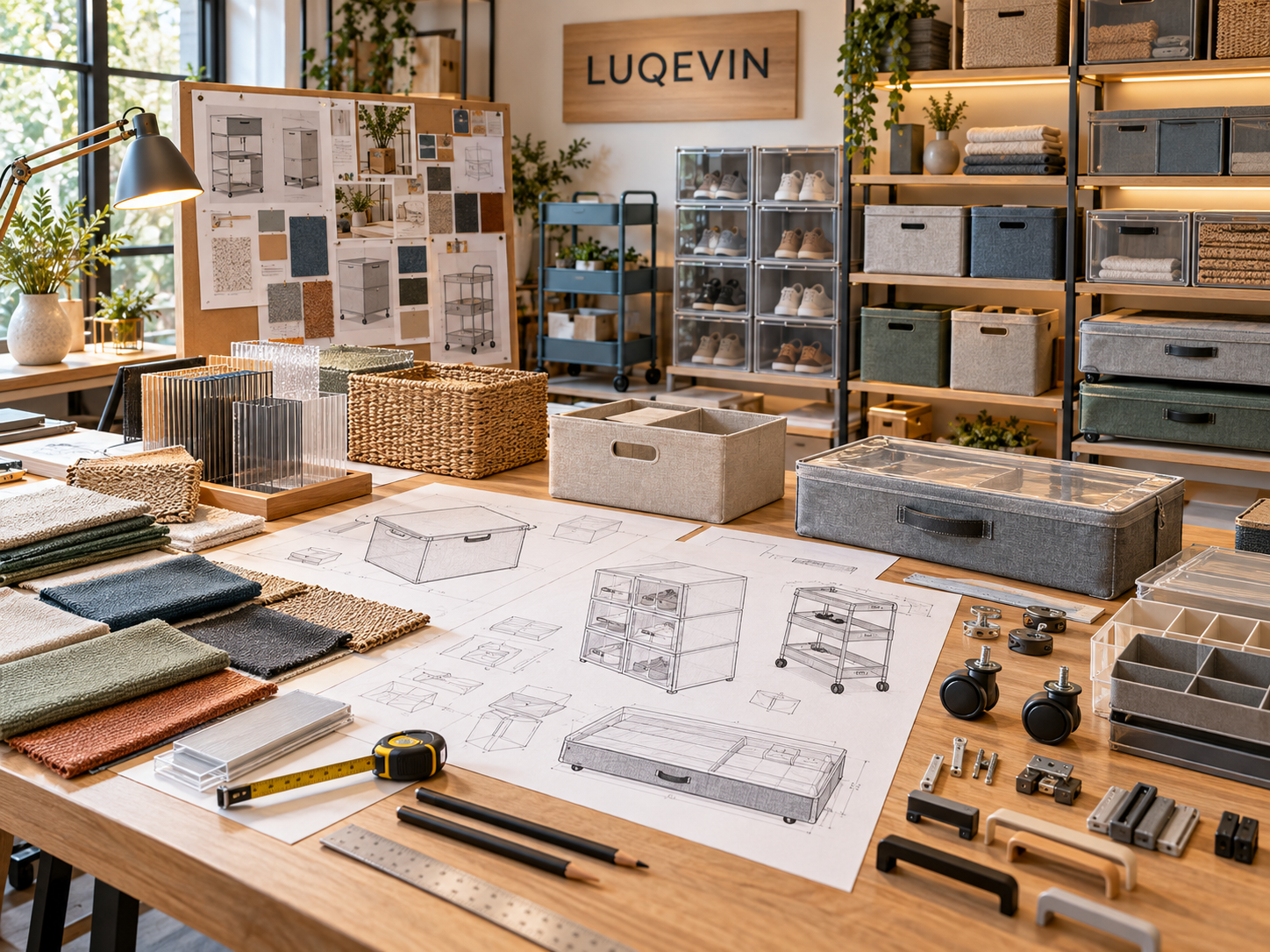 Luqevin home organization studio with storage prototypes, materials, components and design sketches